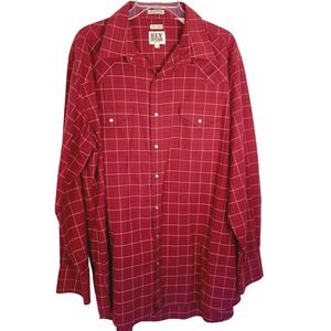 Ely Cattleman Mens XL Tall Red Grid Pearl Snap Western Shirt Long Sleeve 18 36